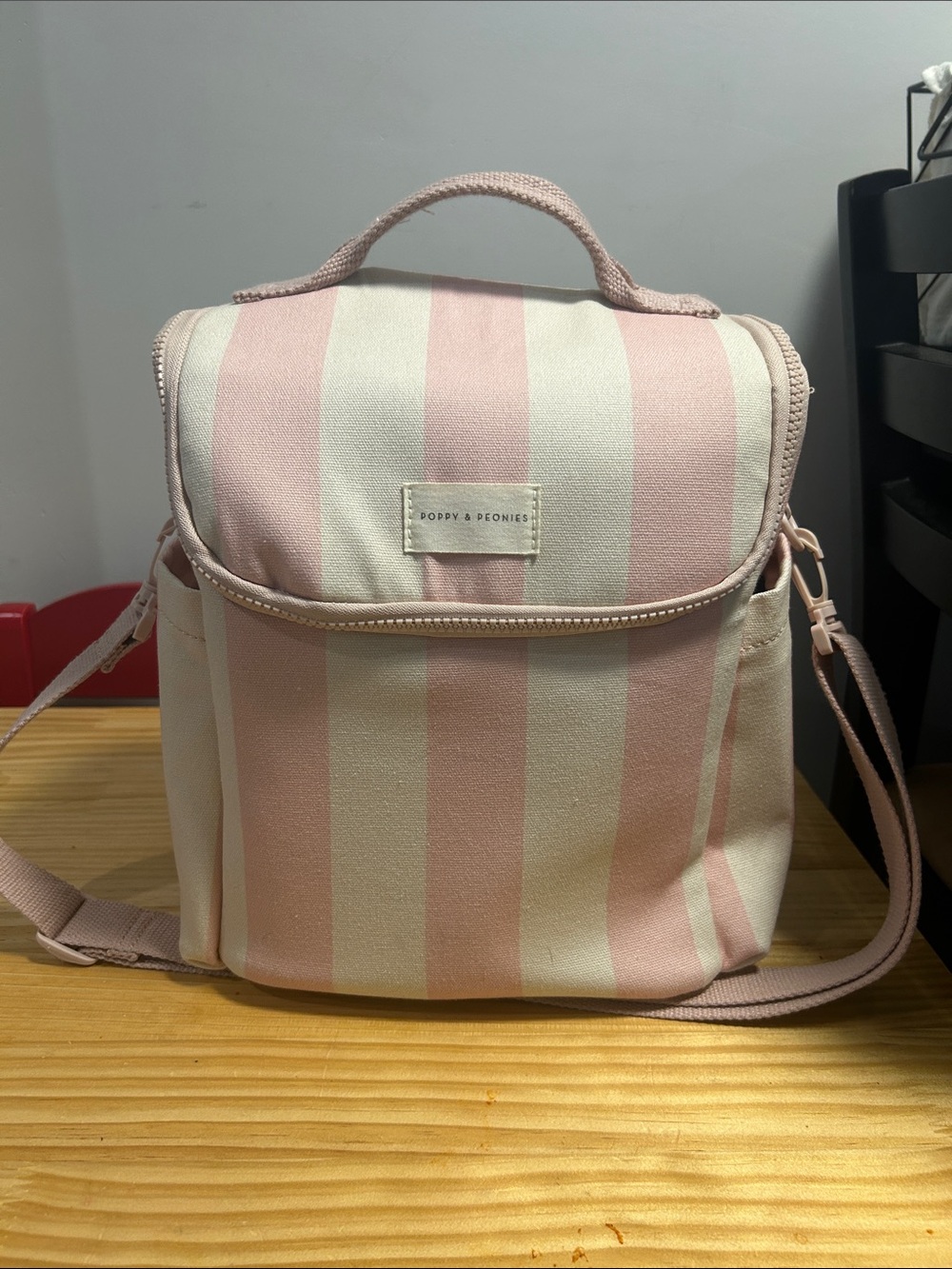 Poppy & Peonies Pink and Ivory Striped Lunch Bag